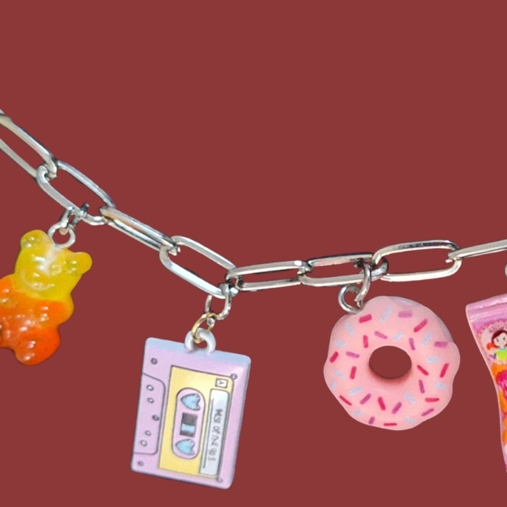 Cute Charm Bracelet with Donut, Cassette & Gummy Charms - Pink, Yellow, Orange